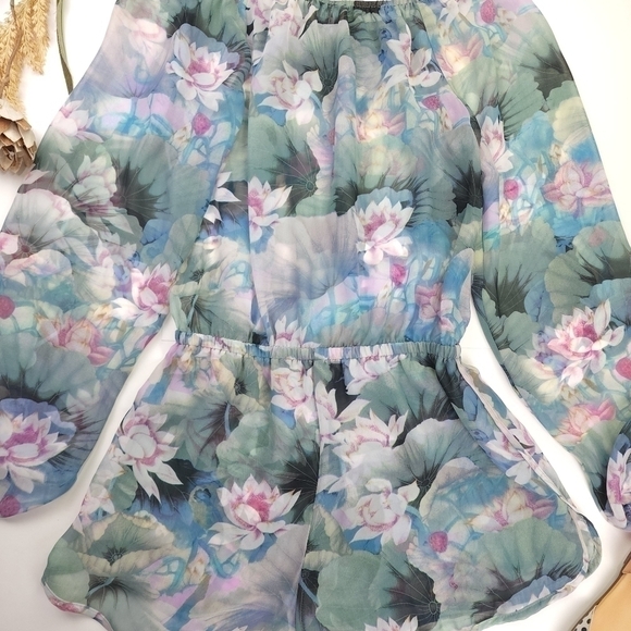 New Show Me Your Mumu Sheer Blue Green Pink Floral Rane Romper Sz S - Picture 12 of 13